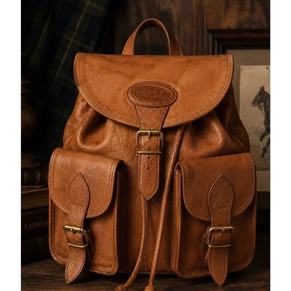 Vtg Kara Leather Backpack Tan Leather Rucksack Heritage Utility Boho USA Bag
